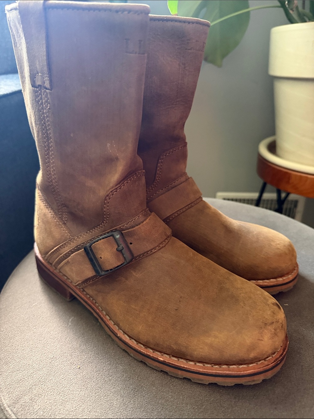 L.L. Bean Roughout Leather Mens 8.5 Engineer Boots with Buckle Outdoors